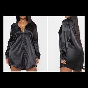 Black Satin Button Front Shirt Dress